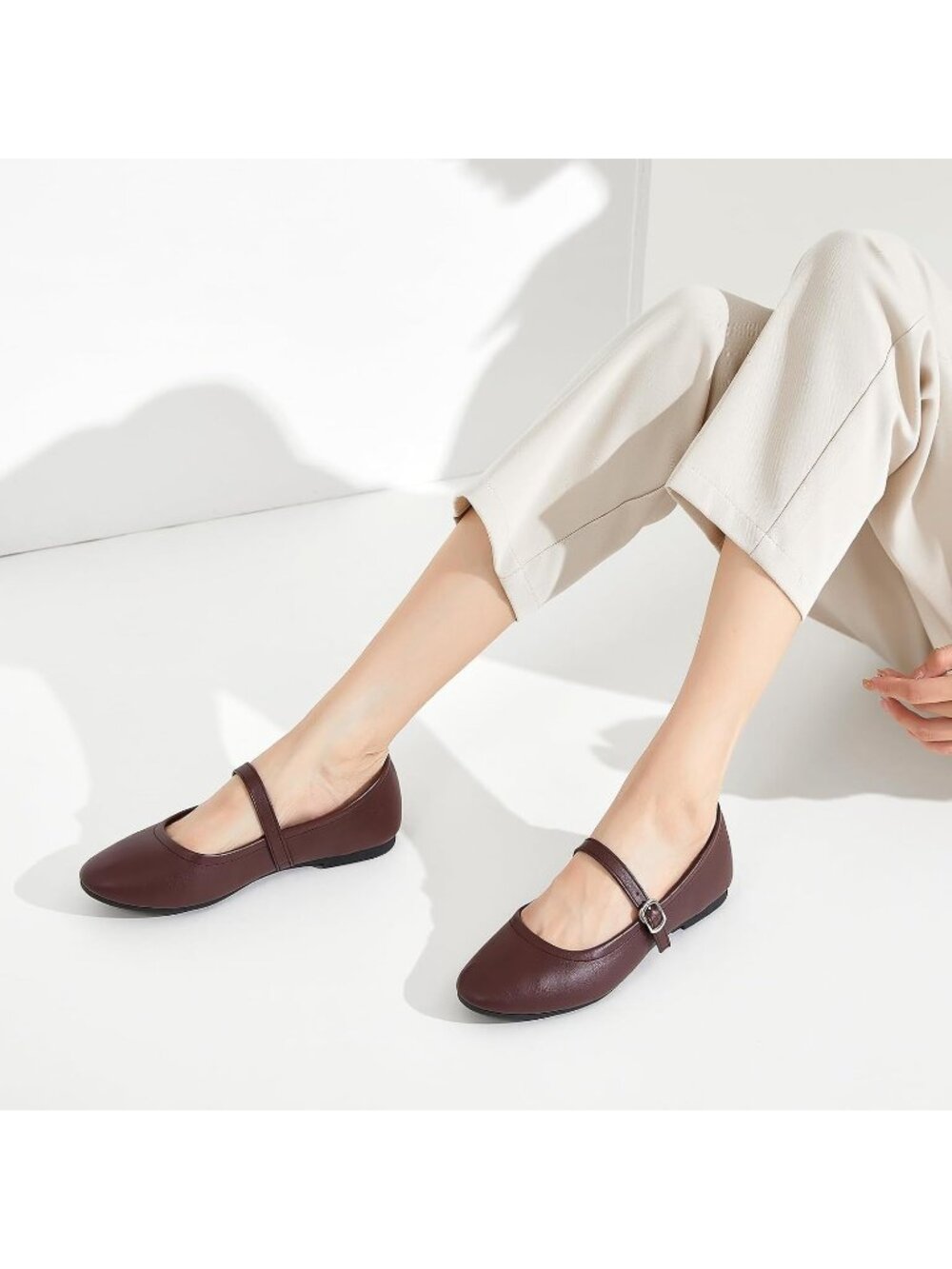 Women's Red Leather Mary Janes Ballet Flats Soft Memory Foam Insole Dress Shoes - Picture 2 of 6